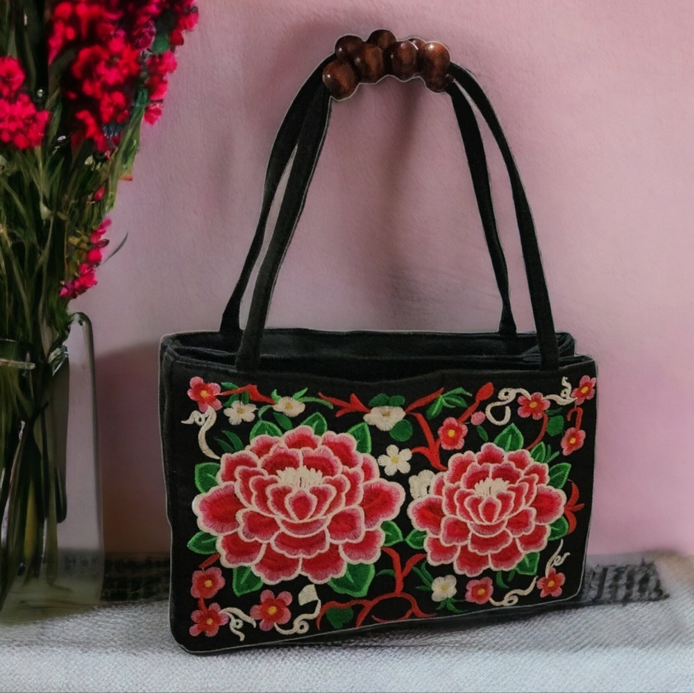 Embroidered Peony Canvas Shoulder Bag - Picture 3 of 12